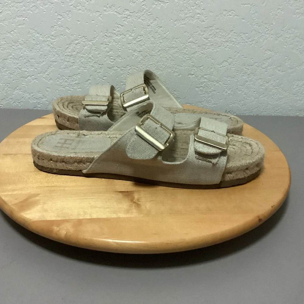 Haute Hippie Canvas Espadrille Flat Sandals Womens 10 Beige Double Buckle Slides